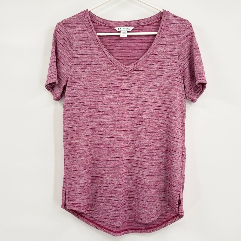 Athleta Breezy Scoop V-Neck Tee Pink Space Dye Short Sleeve Top 657751 Small